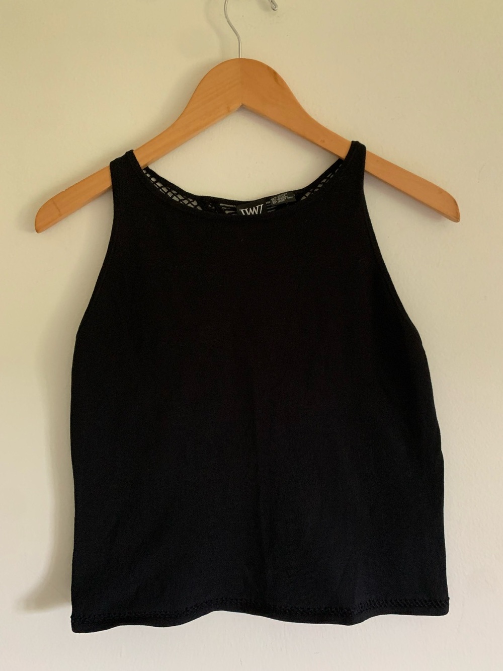 Vintage Worth Collection Crochet Back Cotton Blend Knit Tank Top, Black, Medium